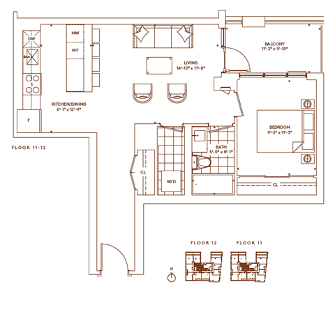 Floor plan for 1 bed, 1 bath, 694 sqft